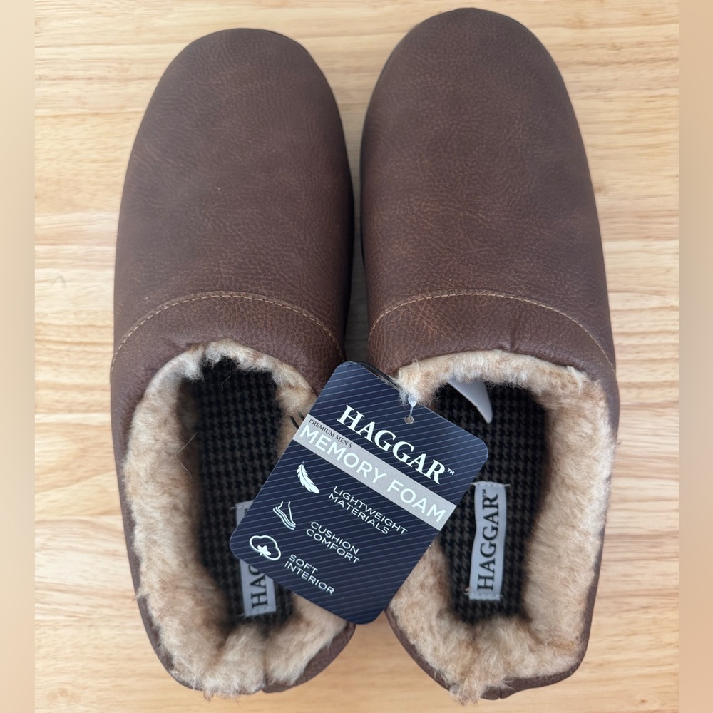 Men’s Haggar Memory Foam Brown Slippers House Shoes Faux Fur XXL 13-14 new NWT